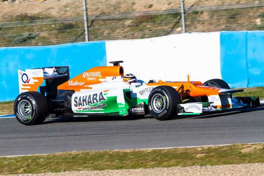 JEREZ DE LA FRONTERA, SPAIN - FEB 10: Nico Hülkenberg of Force India F1 races on training session on February 10 , 2012, in Jerez de la Frontera , Spain