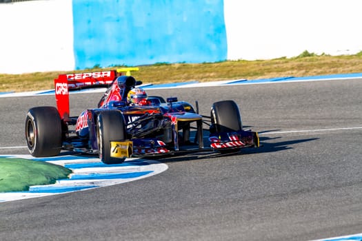 JEREZ DE LA FRONTERA, SPAIN - FEB 10: Jean Eric Vergne of Toro Rosso F1 races on training session on February 10 , 2012, in Jerez de la Frontera , Spain