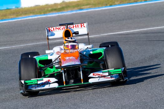 JEREZ DE LA FRONTERA, SPAIN - FEB 10: Nico Hülkenberg of Force India F1 races on training session on February 10 , 2012, in Jerez de la Frontera , Spain
