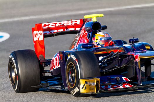 JEREZ DE LA FRONTERA, SPAIN - FEB 10: Jean Eric Vergne of Toro Rosso F1 races on training session on February 10 , 2012, in Jerez de la Frontera , Spain