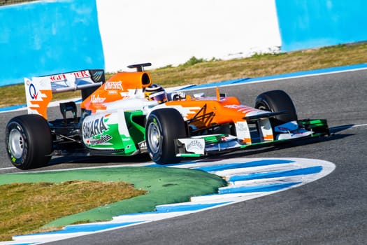 JEREZ DE LA FRONTERA, SPAIN - FEB 10: Nico Hülkenberg of Force India F1 races on training session on February 10 , 2012, in Jerez de la Frontera , Spain