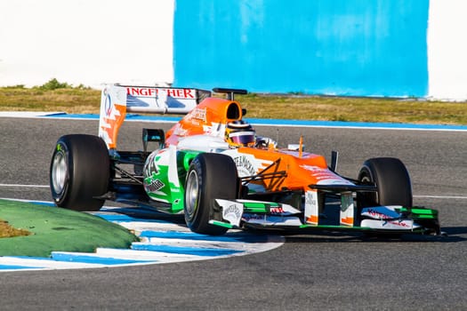 JEREZ DE LA FRONTERA, SPAIN - FEB 10: Nico Hülkenberg of Force India F1 races on training session on February 10 , 2012, in Jerez de la Frontera , Spain