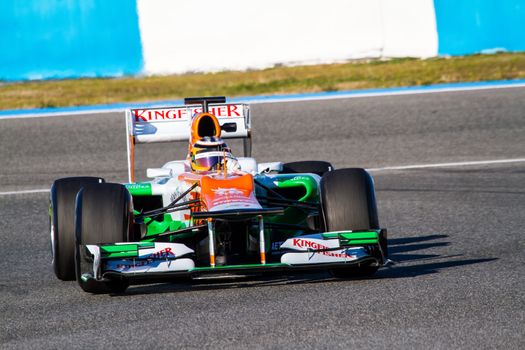 JEREZ DE LA FRONTERA, SPAIN - FEB 10: Nico Hülkenberg of Force India F1 races on training session on February 10 , 2012, in Jerez de la Frontera , Spain