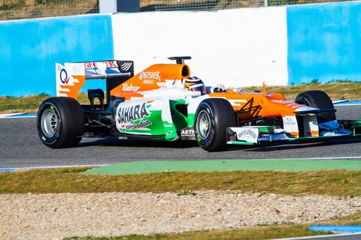 JEREZ DE LA FRONTERA, SPAIN - FEB 10: Nico Hülkenberg of Force India F1 races on training session on February 10 , 2012, in Jerez de la Frontera , Spain