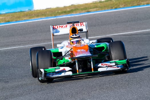 JEREZ DE LA FRONTERA, SPAIN - FEB 10: Nico Hülkenberg of Force India F1 races on training session on February 10 , 2012, in Jerez de la Frontera , Spain