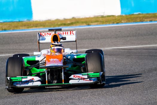 JEREZ DE LA FRONTERA, SPAIN - FEB 10: Nico Hülkenberg of Force India F1 races on training session on February 10 , 2012, in Jerez de la Frontera , Spain
