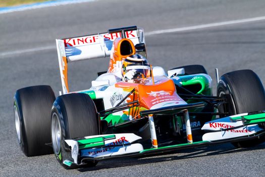 JEREZ DE LA FRONTERA, SPAIN - FEB 10: Nico Hülkenberg of Force India F1 races on training session on February 10 , 2012, in Jerez de la Frontera , Spain