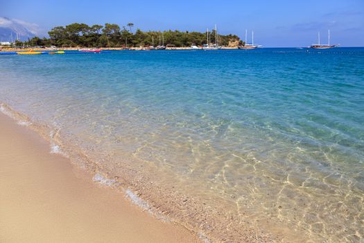 Summer vacations - blue Mediterranean sea and Moonlight park sand beach resort of Turkey Kemer