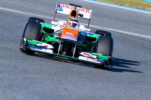 JEREZ DE LA FRONTERA, SPAIN - FEB 10: Nico Hülkenberg of Force India F1 races on training session on February 10 , 2012, in Jerez de la Frontera , Spain