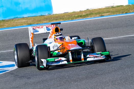 JEREZ DE LA FRONTERA, SPAIN - FEB 10: Nico Hülkenberg of Force India F1 races on training session on February 10 , 2012, in Jerez de la Frontera , Spain