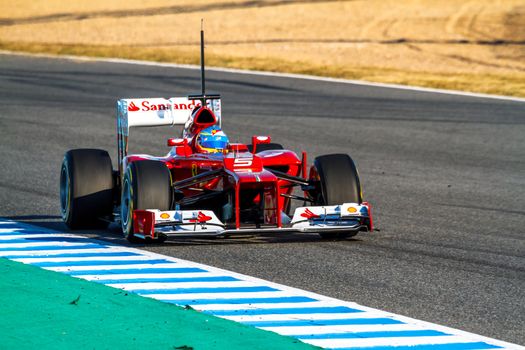 JEREZ DE LA FRONTERA, SPAIN - FEB 10: Fernando Alonso of Scuderia Ferrari F1 races on training session on February 10 , 2012, in Jerez de la Frontera , Spain