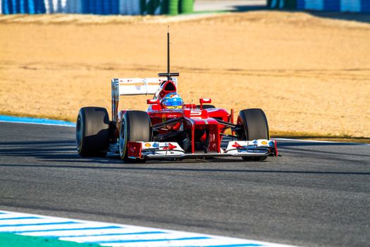 JEREZ DE LA FRONTERA, SPAIN - FEB 10: Fernando Alonso of Scuderia Ferrari F1 races on training session on February 10 , 2012, in Jerez de la Frontera , Spain