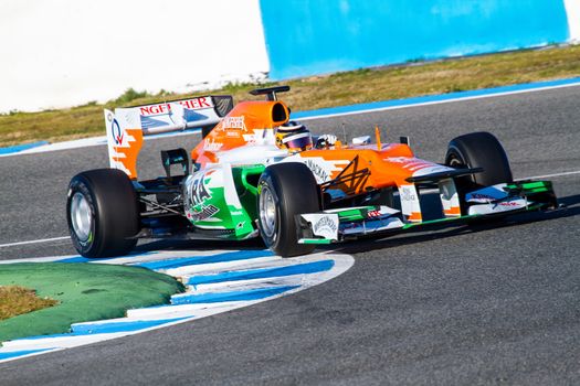 JEREZ DE LA FRONTERA, SPAIN - FEB 10: Nico Hülkenberg of Force India F1 races on training session on February 10 , 2012, in Jerez de la Frontera , Spain