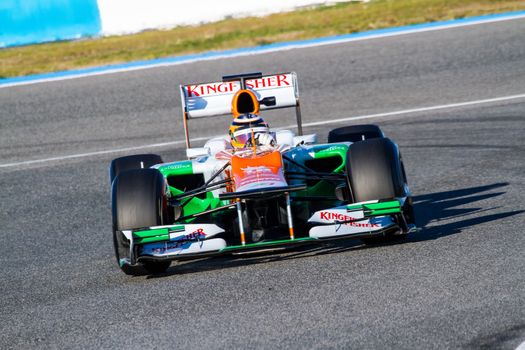 JEREZ DE LA FRONTERA, SPAIN - FEB 10: Nico Hülkenberg of Force India F1 races on training session on February 10 , 2012, in Jerez de la Frontera , Spain