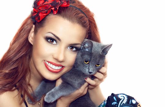 close up portrait of a pretty girl with a cat