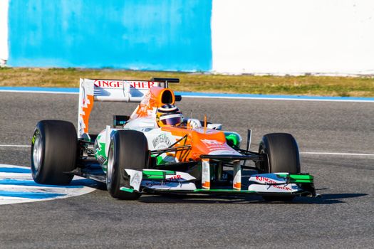 JEREZ DE LA FRONTERA, SPAIN - FEB 10: Nico Hülkenberg of Force India F1 races on training session on February 10 , 2012, in Jerez de la Frontera , Spain