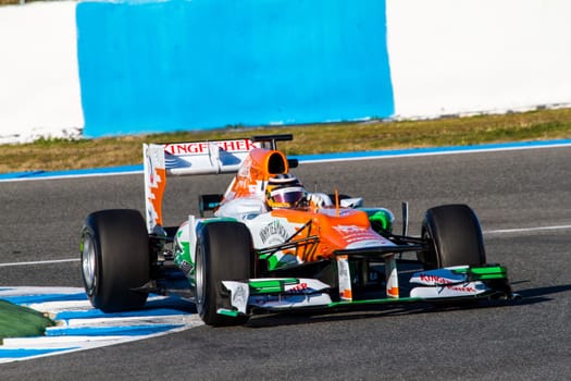 JEREZ DE LA FRONTERA, SPAIN - FEB 10: Nico Hülkenberg of Force India F1 races on training session on February 10 , 2012, in Jerez de la Frontera , Spain