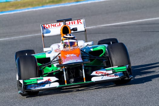 JEREZ DE LA FRONTERA, SPAIN - FEB 10: Nico Hülkenberg of Force India F1 races on training session on February 10 , 2012, in Jerez de la Frontera , Spain