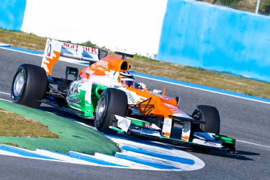 JEREZ DE LA FRONTERA, SPAIN - FEB 10: Nico Hülkenberg of Force India F1 races on training session on February 10 , 2012, in Jerez de la Frontera , Spain