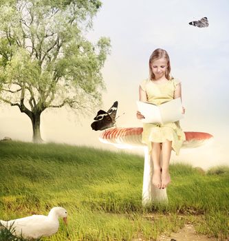 Blonde Girl Reading a Book with Butterflies and Duck