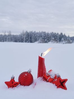 Christmas decoration outside in real snow winter