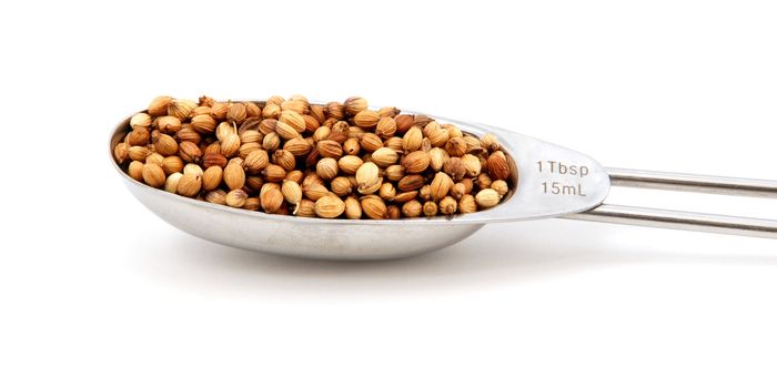 Coriander/cilantro seeds measured in a metal tablespoon, isolated on a white background