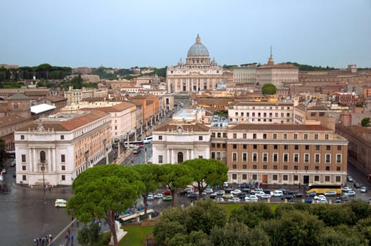 St Peter basilica and Vatican city on a rainy day from saint agel castle - Italy
