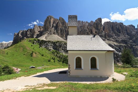 small chapel  in Gardena pass, Italy. On background Sella mount