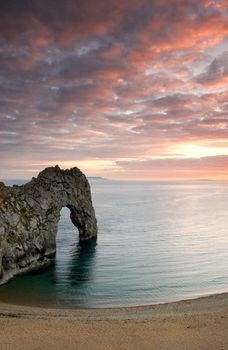 Sunset at the famous rock arch in Dorset