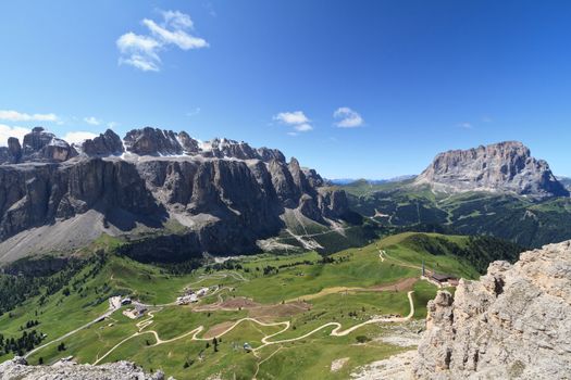aerial view of Gardena pass and Sella goup and Sassolungo mount, Italian Dolomites