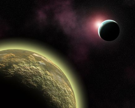 fantasy illustration with sunrise over alien planets