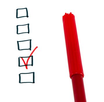 Red felt tip felt-tip pen and one black checkbox checked with tick.