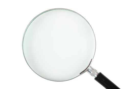 Closeup view of magnifying glass isolated over white background