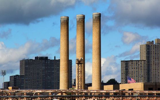 Old factory seen from ferry outside of Manhattan, New York City, New York.