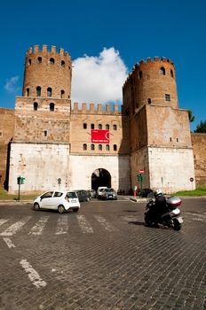 Porta di San Sebastiano and Museo delle mura in Via Apia antica at Roma - Italy