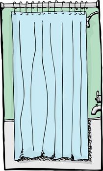 Small shower and bathtub with blue curtain