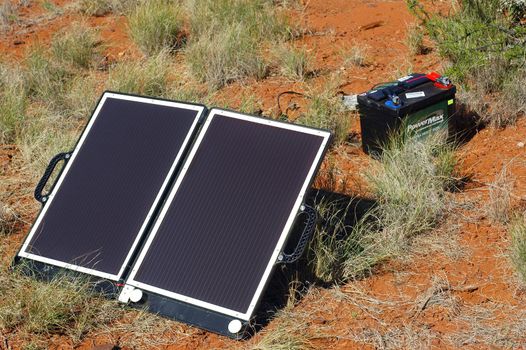 Solar panel in the Australian bush for the refill of the batteries of the electronic devices