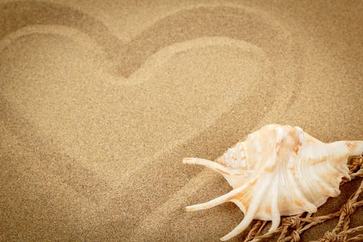 handwritten heart on yellow soft sand with seashell and shallow focus
