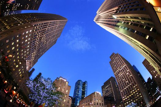 NEW YORK, USA - 10 OCTOBER: GE Building at Rockefeller Center at night 10 october 2012, New York. The 70 story building is 10th largest in the city and centerpiece of the Rockefeller Center complex.