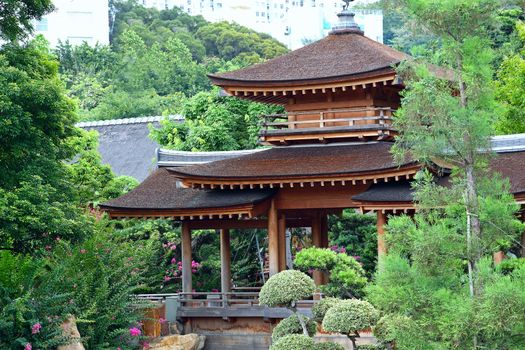 Pavilion and green trees at day
