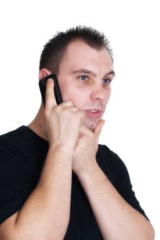 young man talking to someone with his cellphone - isolated on white background