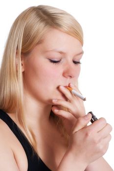 young blonde woman want to smoke a cigarette - isolated on white background