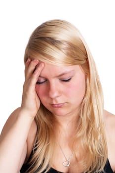 young blonde woman with splitting headache - isolated on white background