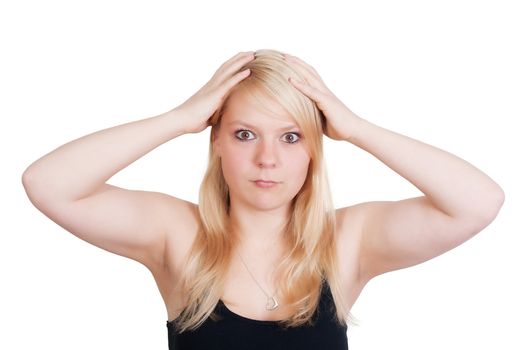 young blonde woman throw her hands up in horror - isolated on white background