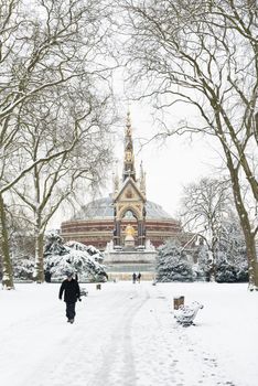 LONDON, UK - JANUARY 21: Hyde Park covered in snow with Albert Memorial in the background after three days of blizzards. January 21, 2013 in London.