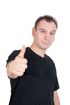 young man with blue eyes gives the thumbs up gesture - isolated on white background