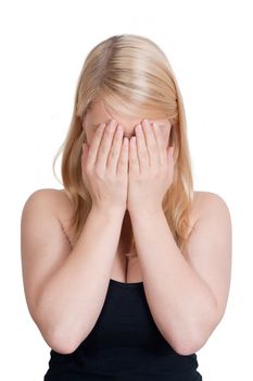 young blonde woman is frustrated - isolated on white background