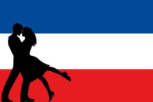 The flag of Yugoslavia with the silhouettes of romantic lovers