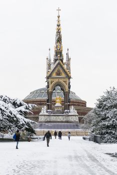 LONDON, UK - JANUARY 21: Hyde Park covered in snow with Albert Memorial in the background after three days of blizzards. January 21, 2013 in London.