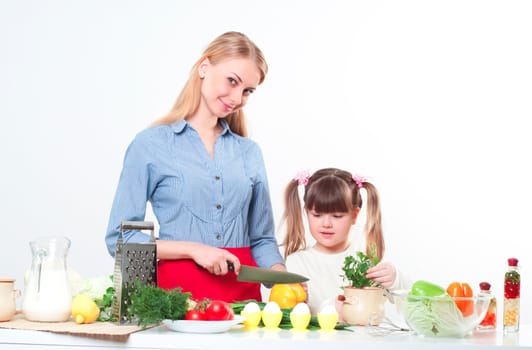 Mother and daughter cooking together, help children to parents